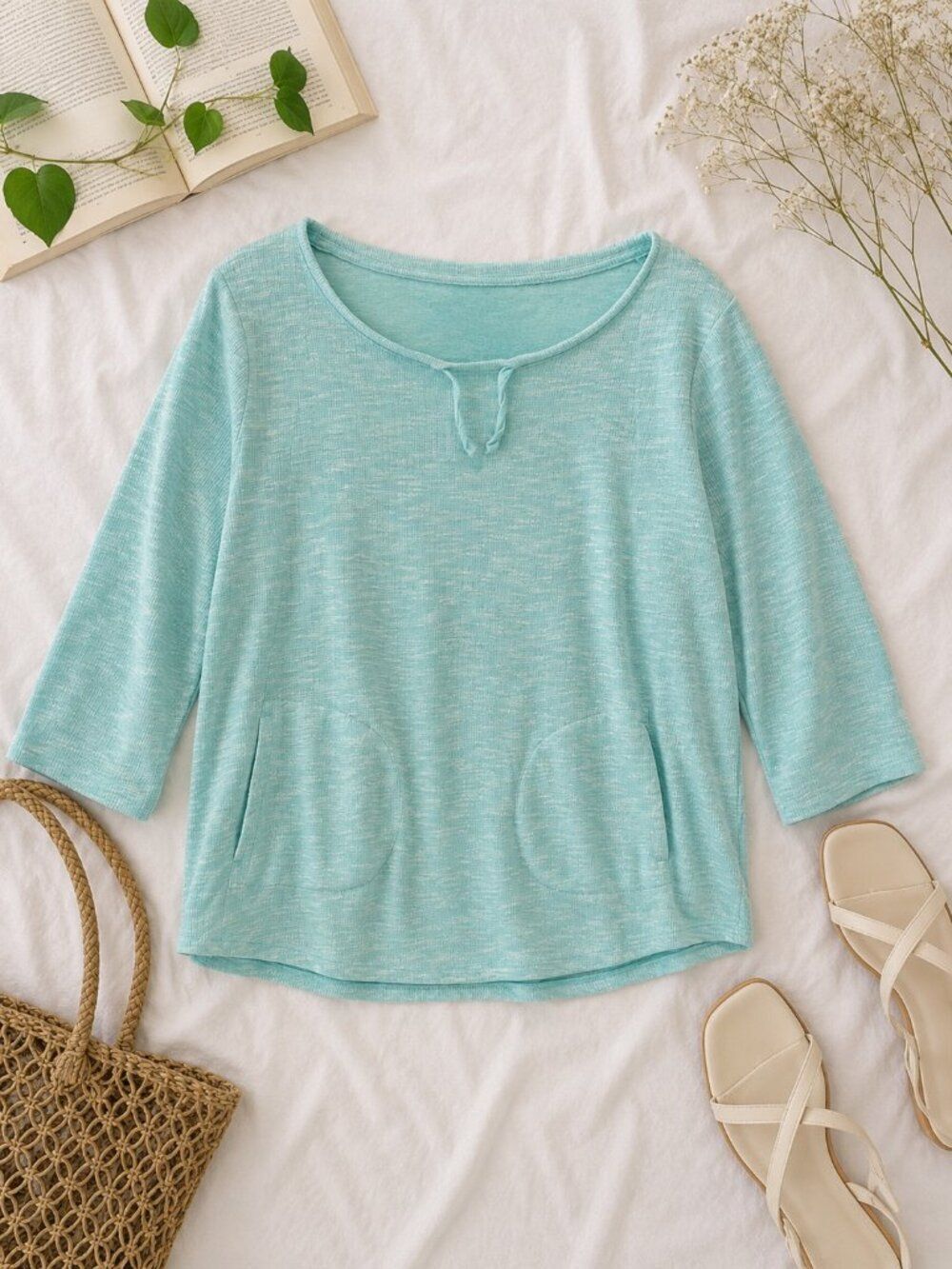 Chico’s Weekends Aqua Blue Slub Knit Top Size 2 3/4 Sleeve Coastal Beachy